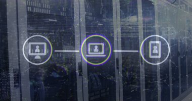 Bilgisayar sunucu odasına karşı bağlantı ağı üzerinden dijital simge ağı. ticari veri depolama ve siber güvenlik teknolojisi kavramı