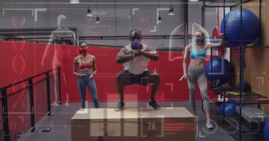 Yüz maskesi takan çeşitli grupların grafikleri ve istatistikleri çalışıyor. küresel covid 19salgın konsepti dijital olarak oluşturulmuş görüntü.