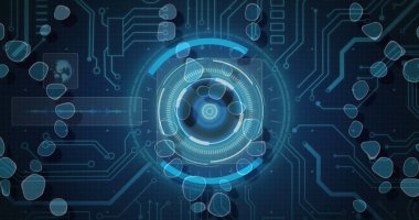 Karanlık arka planda tıbbi veri işleme resmi. Küresel tıp, teknoloji, veri işleme ve dijital arayüz kavramı dijital olarak oluşturuldu.