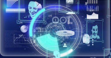 Radar, grafik, ışık, veri ve sosyal medya kullanıcı fotoğraflı dijital ekran görüntüsü. Ağ, sosyal medya, dijital arayüz ve dijital olarak oluşturulmuş görüntü konsepti.