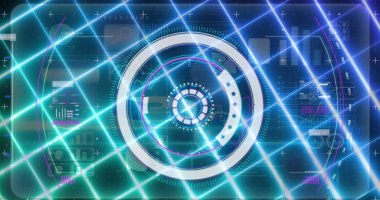 Mavi arka planda parlayan ızgarayla tarama ve veri işleme alanının resmi. dijital arayüz, bağlantı ve iletişim konsepti dijital olarak oluşturulmuş görüntü.