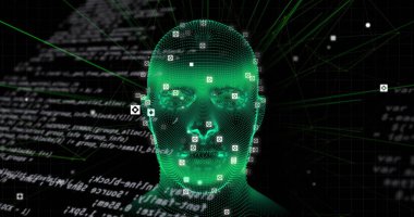 Siyah arka planda veri işleme ve dijital insan görüntüsü. küresel bilim, teknoloji ve dijital arayüz kavramı 