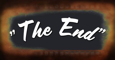 Siyah merkezli eski bir filmin arka planında beliren beyaz The End tabelasının dijital görüntüsü