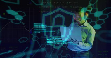 Sunucu odasındaki Afrikalı Amerikalı erkek çalışanın veri işleme görüntüsü. Küresel iş ve dijital arayüz kavramı dijital olarak oluşturulmuş görüntü.