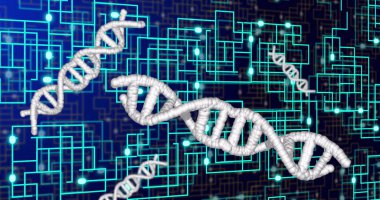 Bağlantı ağının üzerindeki DNA iplikçiklerinin resmi. Küresel iş ve dijital arayüz kavramı dijital olarak oluşturulmuş görüntü.