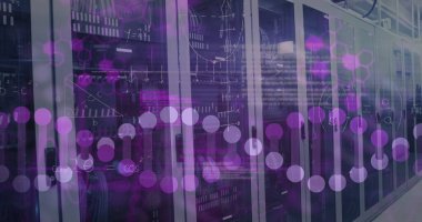 Sunucu odasındaki tıbbi veri işleme resmi. Küresel tıp, teknoloji, veri işleme ve dijital arayüz kavramı dijital olarak oluşturuldu.