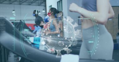 Yüz maskesi takan farklı grupların üzerinde dönen Coperid-19 hücresinin görüntüsü. Dijital olarak üretilen küresel covid 19salgın konsepti.