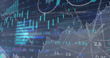 Mavi arkaplanda veri işleme resmi. Küresel iş ve dijital arayüz kavramı 