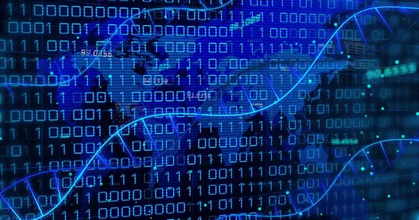 Karanlık arka planda tıbbi veri işleme resmi. Küresel tıp, teknoloji, veri işleme ve dijital arayüz kavramı 