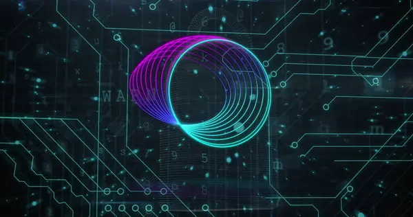 Bağlantı ağı üzerinden dairelerin ve veri işlemenin resmi. Küresel iş ve dijital arayüz kavramı