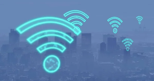 Image of digital wifi icons flying over cityscape. Global computing, connections and data processing concept digitally generated image.