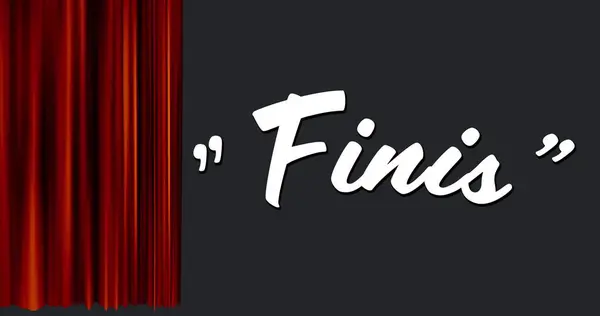 Digital image of a white Finis sign appearing as a red curtain opens to the side.