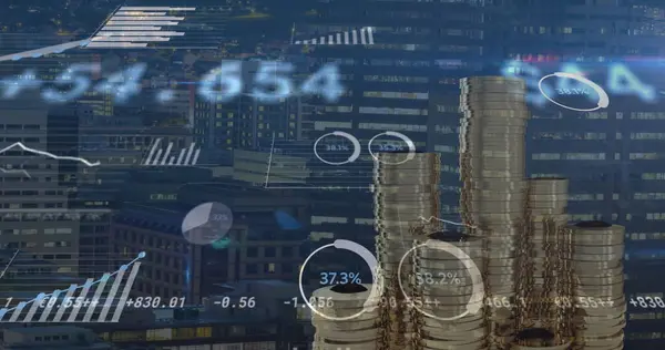 Bild Der Datenverarbeitung Und Münzen Über Dem Stadtbild Globales Geschäfts — Stockfoto