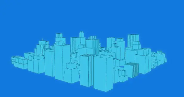 Digital image of virtual buildings in a city rotating in the blue screen