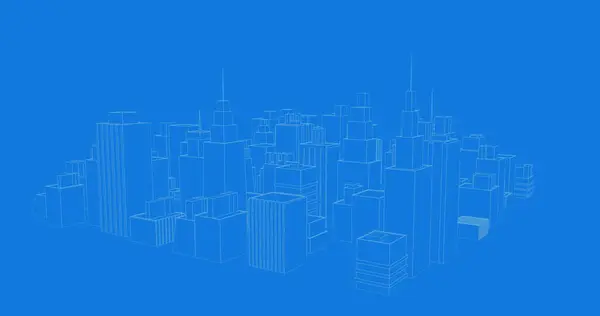 Digital image of blue 3D blueprint model of a city rotating against blue background. The buildings are outlined with a lighter shade of blue