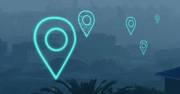 Image of digital location icons flying over cityscape. Global internet networks, computing, connections and data processing concept