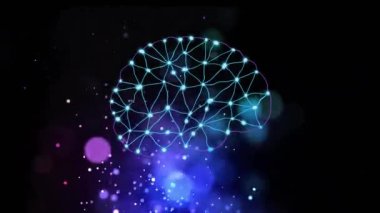İnsan beyninin animasyonu ve siyah arka planda parlayan ışık noktaları. Dijital olarak oluşturulmuş küresel yapay zeka, veri işleme, bilgisayar ve dijital arayüz kavramı.