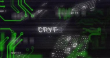 Anakart ağı üzerinden şifreli metin animasyonu ve siyaha ikili veri işleme. Ağ, veri, dijital arayüz, finans, kripto para birimi ve iletişim, dijital olarak oluşturulmuş video.