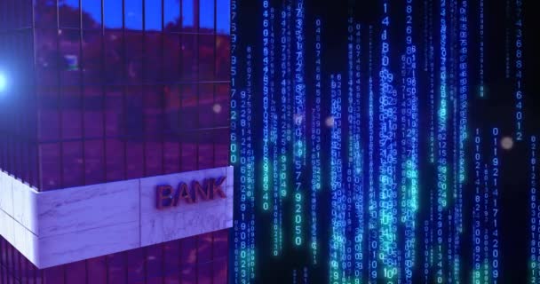 Анимирование Бинарного Кодирования Обработка Финансовых Данных Над Строительством Банка Мировые — стоковое видео