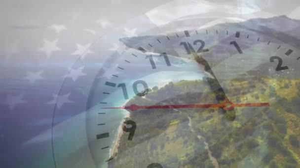 Animation Aiguilles Rapides Sur Horloge Dessus Drapeau Américain Paysage Temps — Video
