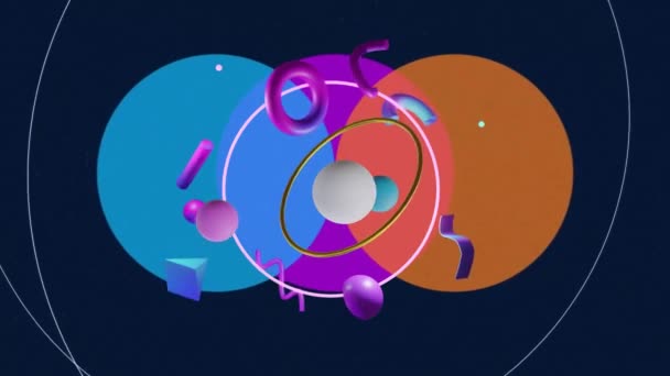 Анимация Вращающегося Золотого Кольца Трехмерными Фигурами Синим Оранжевым Фиолетовым Кругам — стоковое видео