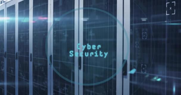 Animacja Tekstu Cyberbezpieczeństwie Biometrycznego Skanera Linii Papilarnych Nad Serwerownią Sieć — Wideo stockowe