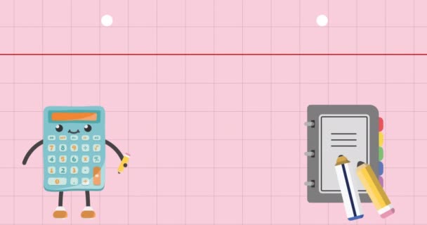 Animacja Szczęśliwy Kalkulator Dziennik Ołówki Kwadratowy Różowy Notebook Strony Matematyka — Wideo stockowe
