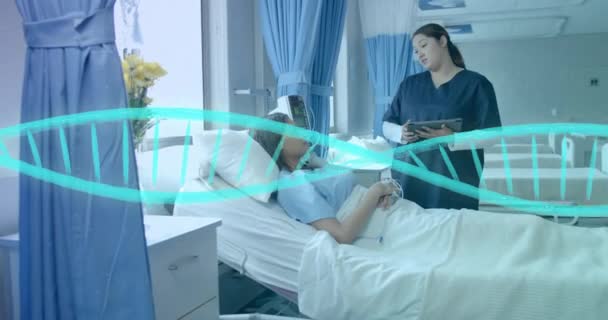 Animazione Del Filamento Del Dna Diverse Donne Medico Paziente Ospedale — Video Stock