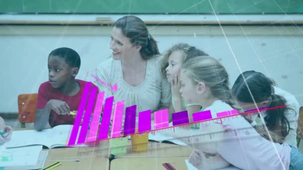 Animation Financial Data Processing Diverse Schoolchildren Female Teacher Classroom Global — Stock Video