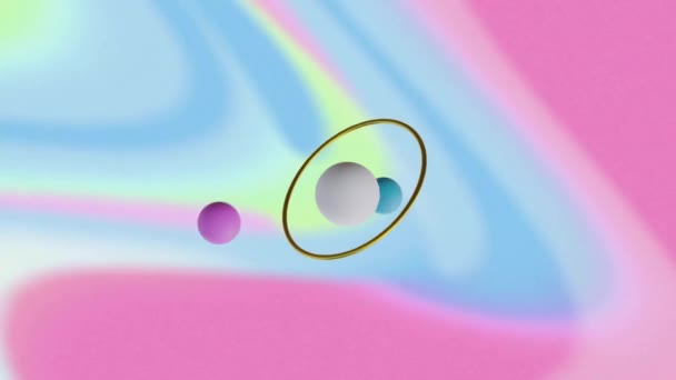 Анимация Вращающегося Металлического Кольца Сферами Абстрактном Фоне Пастельных Завихрений Проход — стоковое видео