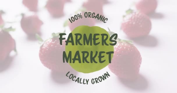 Animation Farmers Market Text Strawberries Pink Background Fruit Healthy Diet — Stock Video