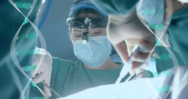 Animacja Nici Dna Przetwarzanie Danych Naukowych Nad Różnymi Chirurgami Szpitalu — Wideo stockowe