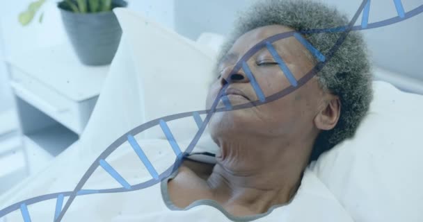 Animación Adn Sobre Paciente Afroamericana Mayor Que Duerme Cama Hospital — Vídeos de Stock