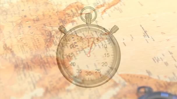 Animation Der Laufenden Stoppuhr Über Dem Kompass Auf Der Weltkarte — Stockvideo