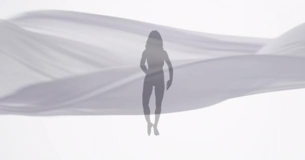 Animacja Sylwetki Kobiety Tańczącej Pływającej Tkaniny Białym Tle Abstrakcja Styl — Wideo stockowe