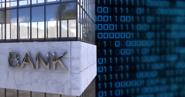 Animatie Van Binaire Codering Financiële Gegevensverwerking Bankgebouw Wereldwijd Financieel Bedrijfs — Stockvideo