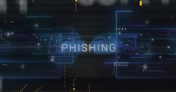 Animation Von Phishing Text Über Motherboard Interface Bildschirme Und Datenverarbeitung — Stockvideo