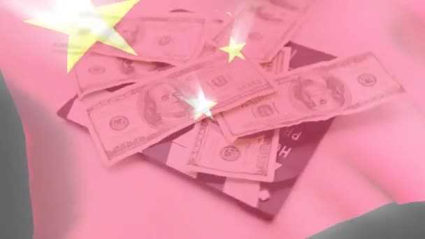 ドル紙幣の上の中国の旗のアニメーション グローバルファイナンス ビジネス デジタルインターフェースのコンセプトデジタル生成ビデオ — ストック動画