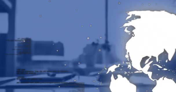 Анимирование Вращающегося Глобуса Обработка Данных Над Синим Офисом Видом Город — стоковое видео