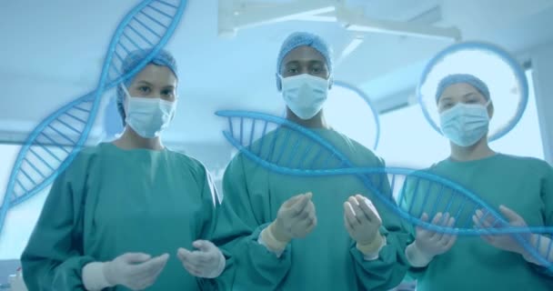 Animace Dna Pramenů Nad Různými Chirurgy Nemocnici Globální Medicína Věda — Stock video