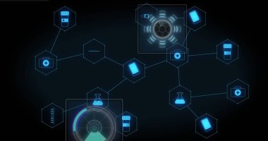 Siyah arka planda veri işleme yapan tıbbi simgelerin resmi. Küresel tıp ve dijital arayüz kavramı dijital olarak oluşturulmuş görüntü.