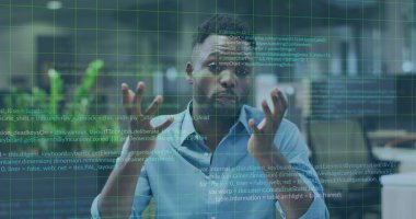 Melez iş adamının mali veri işleme görüntüsü. Küresel iş, finans, hesaplama ve veri işleme kavramı dijital olarak oluşturulmuş görüntü.