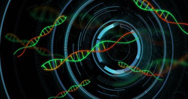 Karanlık arka planda tıbbi veri işleme resmi. Küresel tıp, teknoloji, veri işleme ve dijital arayüz kavramı dijital olarak oluşturuldu.