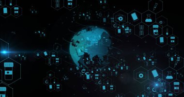 Siyah arkaplanda tıbbi ikonlar ve dünya resmi. Küresel tıp ve dijital arayüz kavramı 