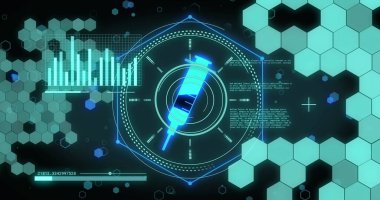 Aşı simgesi ve kara arkaplanda veri işleme resmi. Küresel tıp ve dijital arayüz kavramı dijital olarak oluşturulmuş görüntü.