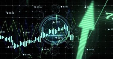 Siyah arkaplan üzerinde veri işleme resmi. küresel iş ve dijital arayüz kavramı dijital olarak oluşturulmuş görüntü.