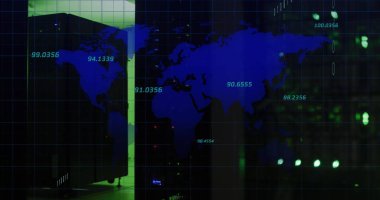 Dünya haritasında kara arkaplanda veri işleme resmi. veri işleme ve teknoloji konsepti dijital olarak oluşturulmuş görüntü.