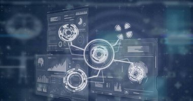 Simgelerin görüntüsü, çeşitli veriler ve dijital ekranlarda arıza. Ağ, veri işleme, dijital arayüz ve teknoloji konsepti dijital olarak oluşturuldu.