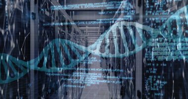 Sunucu odasındaki tıbbi veri işleme resmi. Küresel tıp, teknoloji, veri işleme ve dijital arayüz kavramı dijital olarak oluşturuldu.