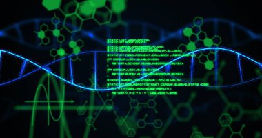 Karanlık arka planda tıbbi veri işleme resmi. Küresel tıp, teknoloji, veri işleme ve dijital arayüz kavramı dijital olarak oluşturuldu.